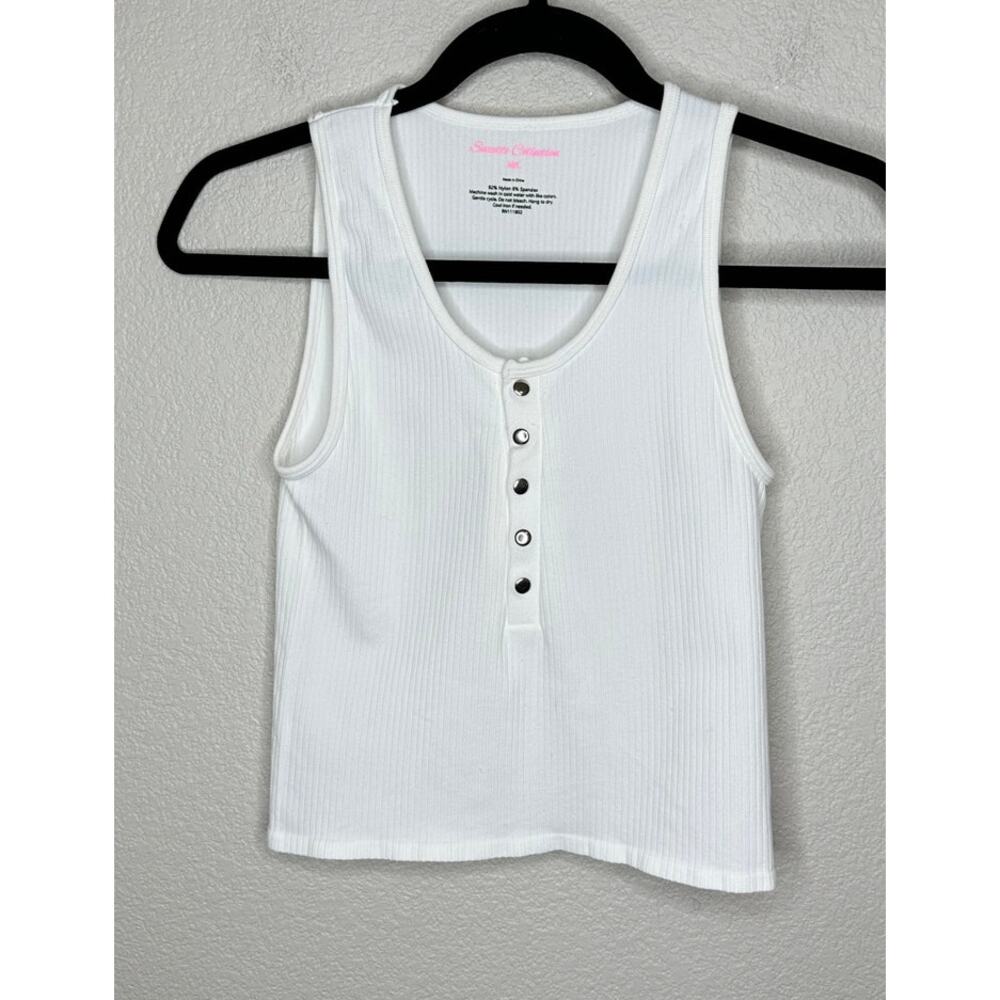 Suzette Collection White Ribbed Tank Top Silver Snap Front Scoop Neck Size M/L